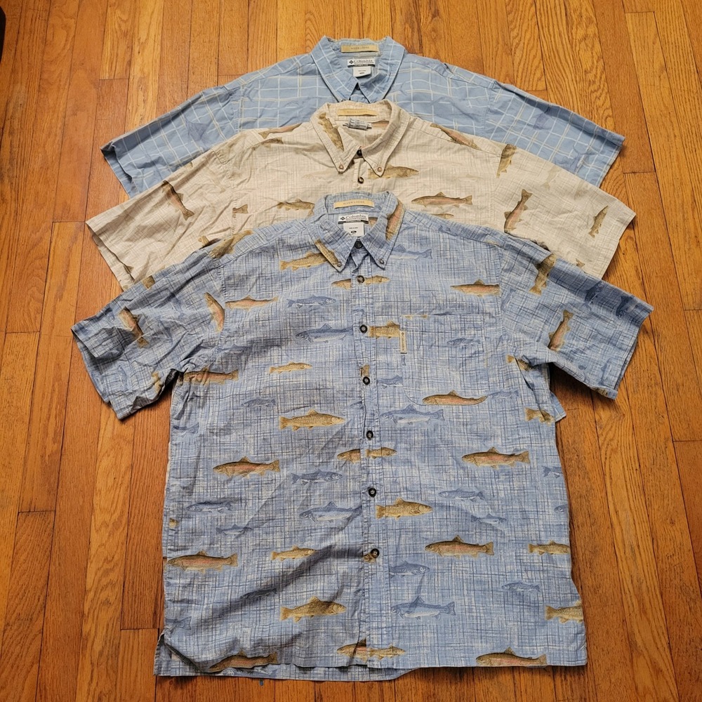 3 Columbia XL Shirt Blue Tan Plaid RIVER LODGE Short Sleeve Fishing AOP Vintage